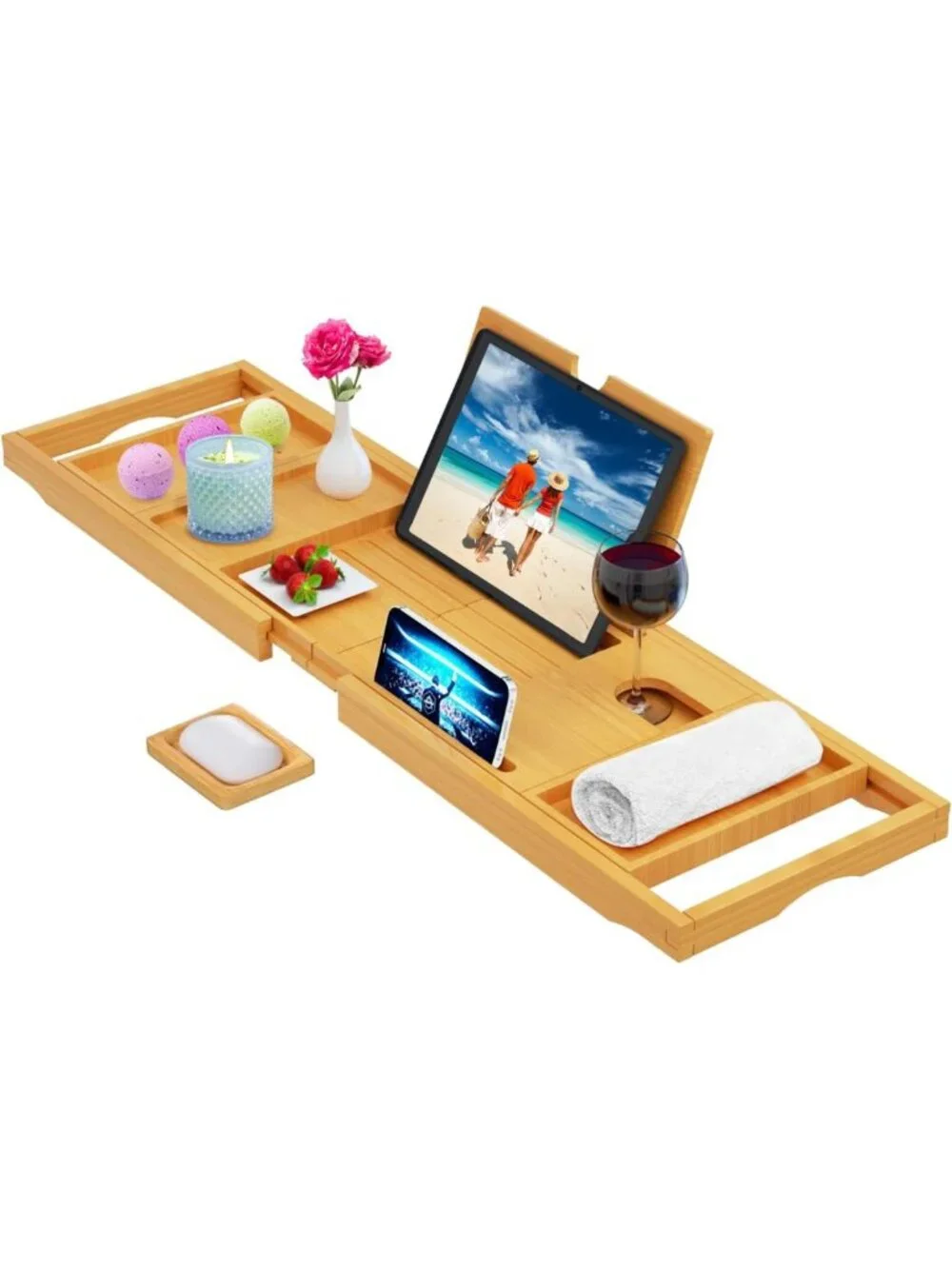 Expandable Bamboo Bathtub Tray Caddy - Fits Most Tubs, Spa Organizer & Table